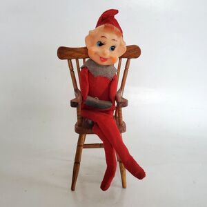 Vtg 50s Knee Hugger Red Christmas Pixie on Chair Midcentury X-mas Kitsch Japan